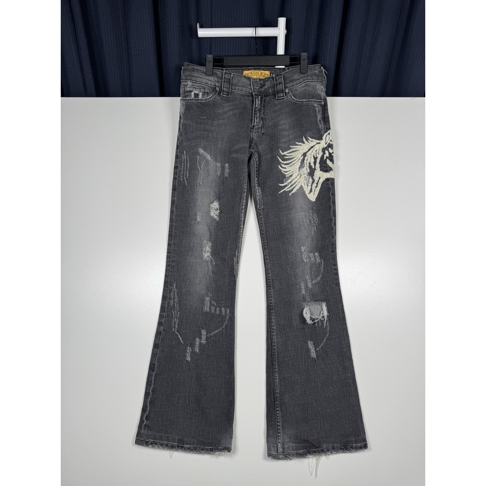 Y2K  ALLEN B. Allen Shwartz Jeans Black Distressed Embroidered 30 (Fits 32x31)